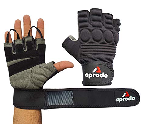 Aprodo Sports Leather Fitness Gloves Gym Workout Gloves with Wrist Support & Padded Knuckle Protector (Pack of 1 Pair) (Black and Grey, Large)