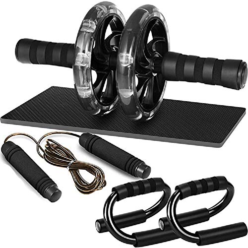 Bodylastics PP Abs Roller Wheel with Non-Slip Knee Pad, Pushup Stands & Adjustable Jump Rope Total Body Men & Women Exercise Home Workout Equipment (Black)